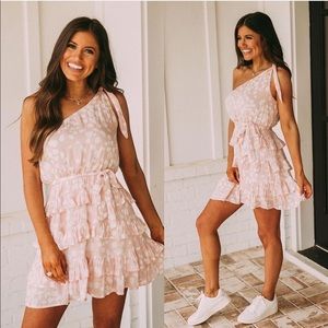Soft Pink Dotted One-Shoulder Dress